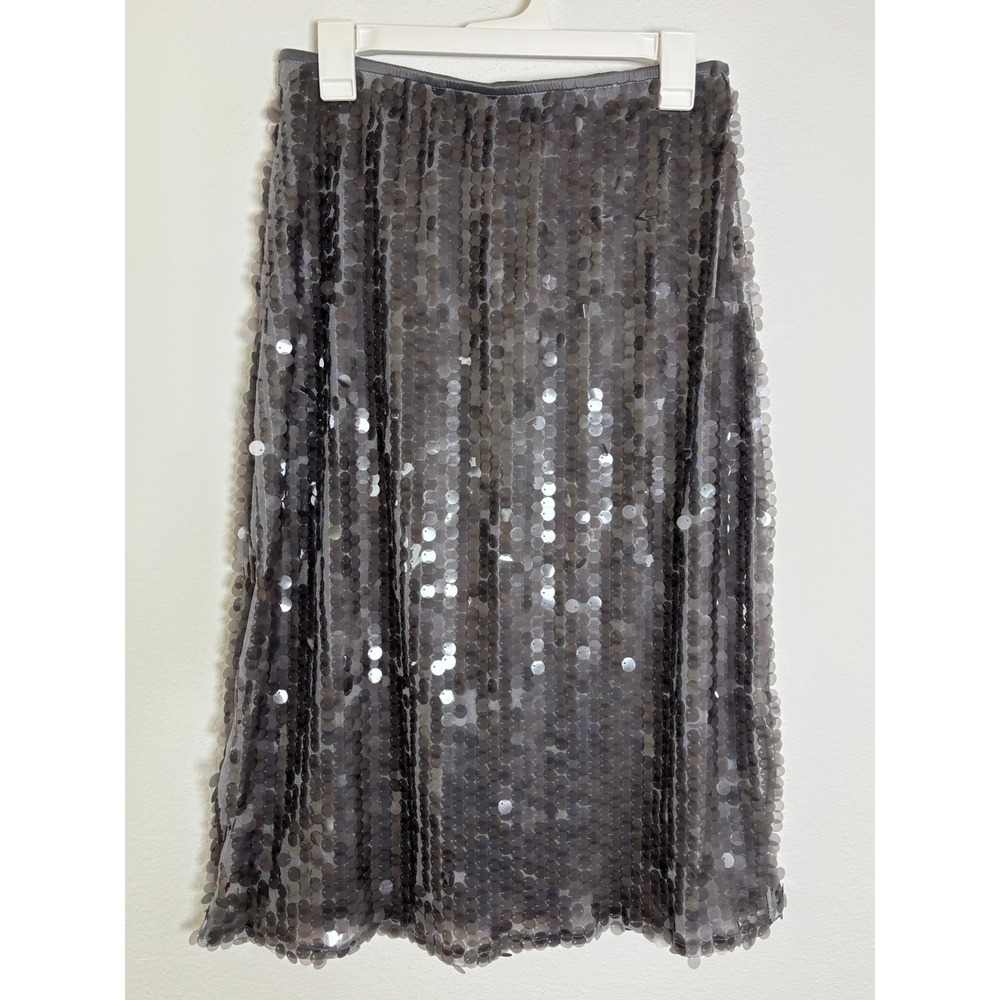 Old Navy Grey Sequin Midi Skirt Medium Petite High Waist Back Slit Party Festive